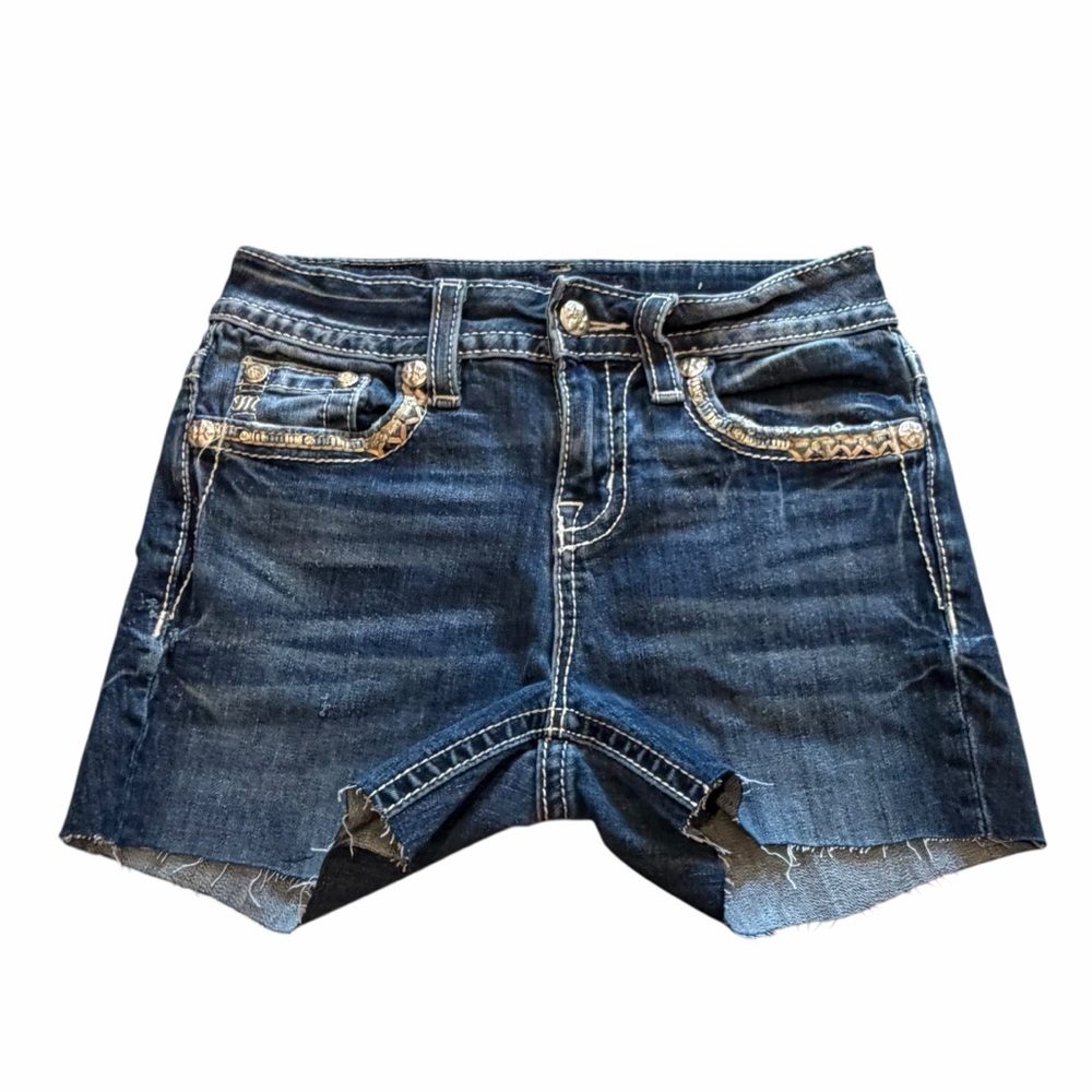 Miss Me Medium Wash Embellished Pocket Cutoff Denim Shorts - Size 25